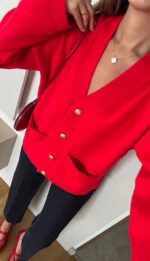 Red cardigan with gold buttons and front pockets - Image 2