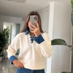 Off white knit sweater with denim collar and cuffs