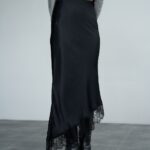 Black satin slip skirt with lace trim