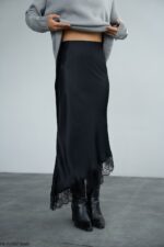 Black satin slip skirt with lace trim