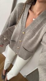 Greige cardigan with gold buttons and front pockets - Image 2