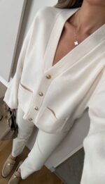 Cream cardigan with gold buttons and front pockets - Image 2