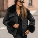 Black puffer jacket with black fur trim