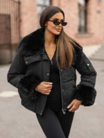 Black puffer jacket with black fur trim