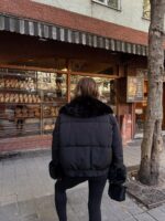 Black puffer jacket with black fur trim - Image 3