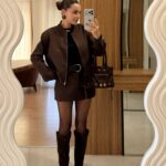 Chic brown set with bomber jacket and mini skort
