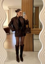 Chic brown set with bomber jacket and mini skort