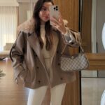 Greige wool coat with fur collar