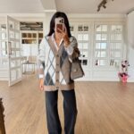 Soft oversized argyle cardigan in beige grey and white