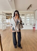 Soft oversized argyle cardigan in beige grey and white