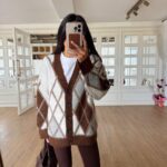 Soft oversized argyle cardigan in brown and white