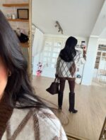 Soft oversized argyle cardigan in brown and white - Image 3