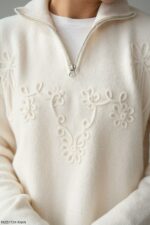 Cream zip neck sweater with floral embroidery - Image 3