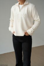 Cream zip neck sweater with floral embroidery - Image 2