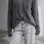 Grey zip neck sweater with floral embroidery