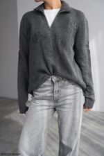 Grey zip neck sweater with floral embroidery