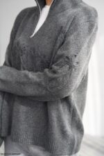 Grey zip neck sweater with floral embroidery - Image 2