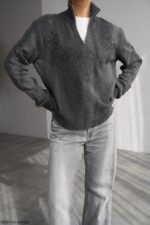 Grey zip neck sweater with floral embroidery - Image 3