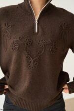 Brown zip neck sweater with floral embroidery - Image 2