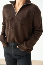 Brown zip neck sweater with floral embroidery - Image 3