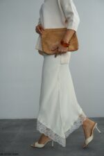 White satin slip skirt with lace trim - Image 2