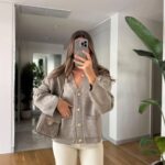 Greige cardigan with gold buttons and front pockets