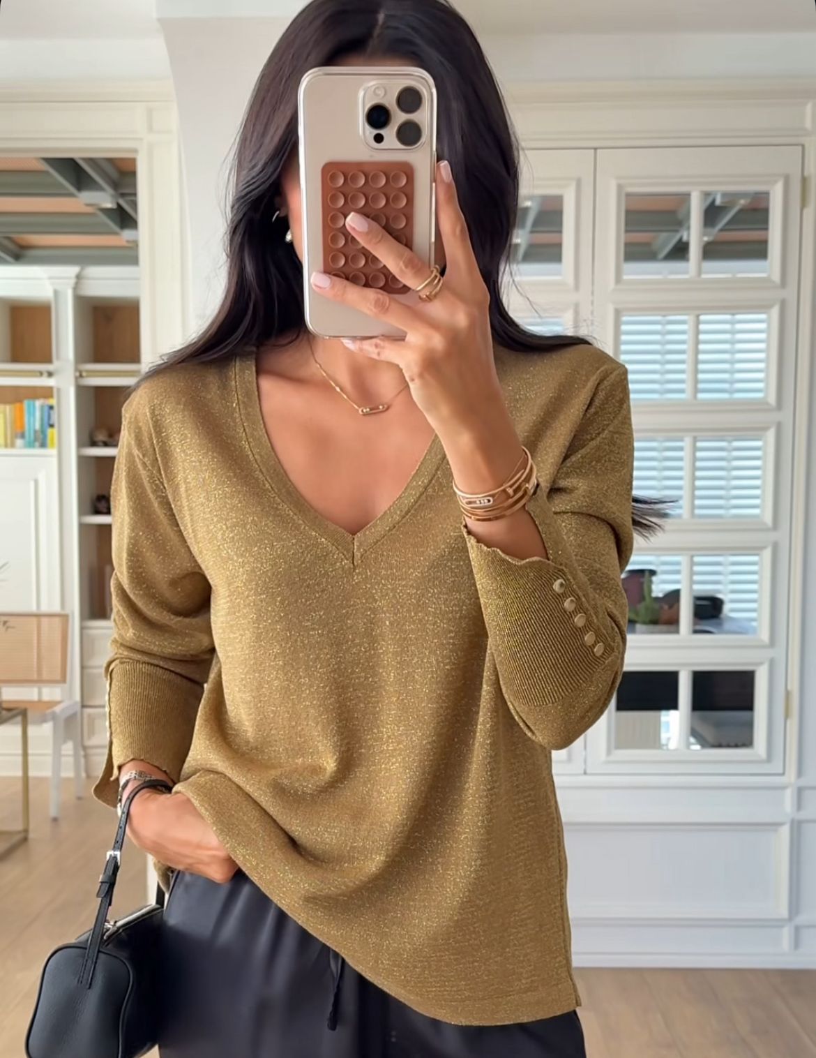 bbbf2c21-82bc-4892-b3b9-8242f617b722 Gold v neck long sleeve top - Image 1