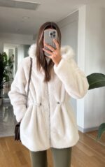 Off white faux fur jacket with hood