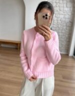 Pink knit cardigan with cable details - Image 2