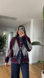 Multi-color fuzzy argyle cardigan - Image 2