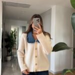 Off white sweater with denim collar