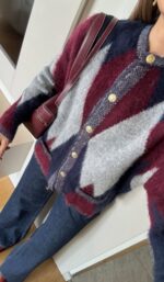 Multi-color fuzzy argyle cardigan - Image 3