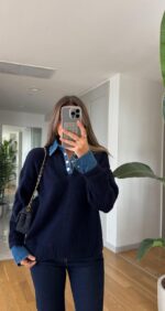 Navy Blue knit sweater with denim collar and cuffs - Image 2