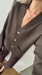 Brown cardigan with gold buttons and front pockets - Image 2