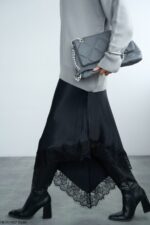 Black satin slip skirt with lace trim - Image 3