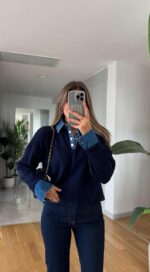 Navy Blue knit sweater with denim collar and cuffs - Image 4