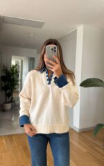 Off white knit sweater with denim collar and cuffs - Image 2