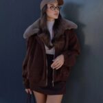 Brown bomber jacket with faux fur collar