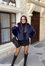 Navy blue faux fur jacket - Image 2