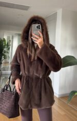 Brown faux fur jacket with hood