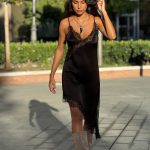 Black satin dress with black lace