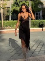 Black satin dress with black lace