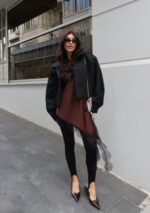 Brown satin top with black lace - Image 3