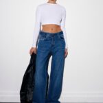 Wide leg blue jeans with a built in denim belt