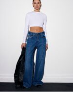 Wide leg blue jeans with a built in denim belt