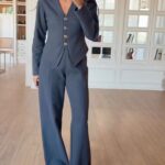 Charcoal set with fitted blazer and wide leg trousers