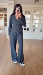 Charcoal set with fitted blazer and wide leg trousers