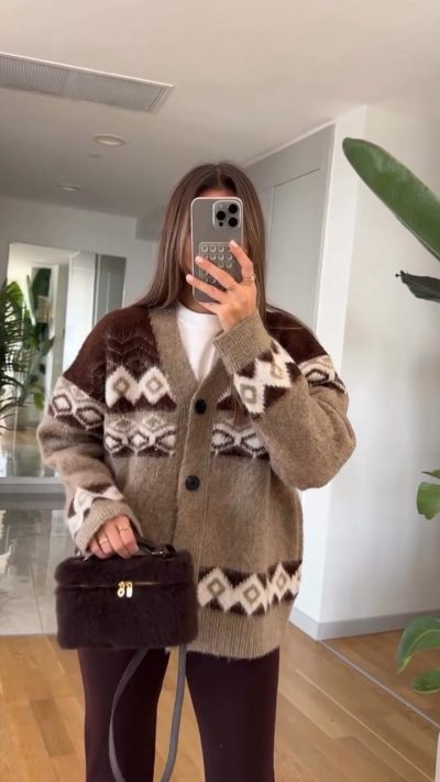 oversized cardigan with geometric patterns in warm brown tones