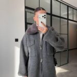 Grey knit jacket with fur collar