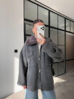 Grey knit jacket with fur collar